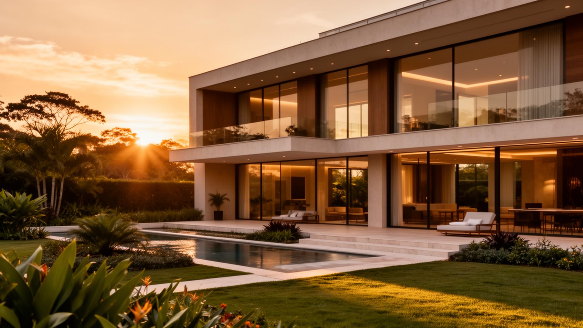 Casa contemporânea de alto padrão ao entardecer em Indaiatuba
